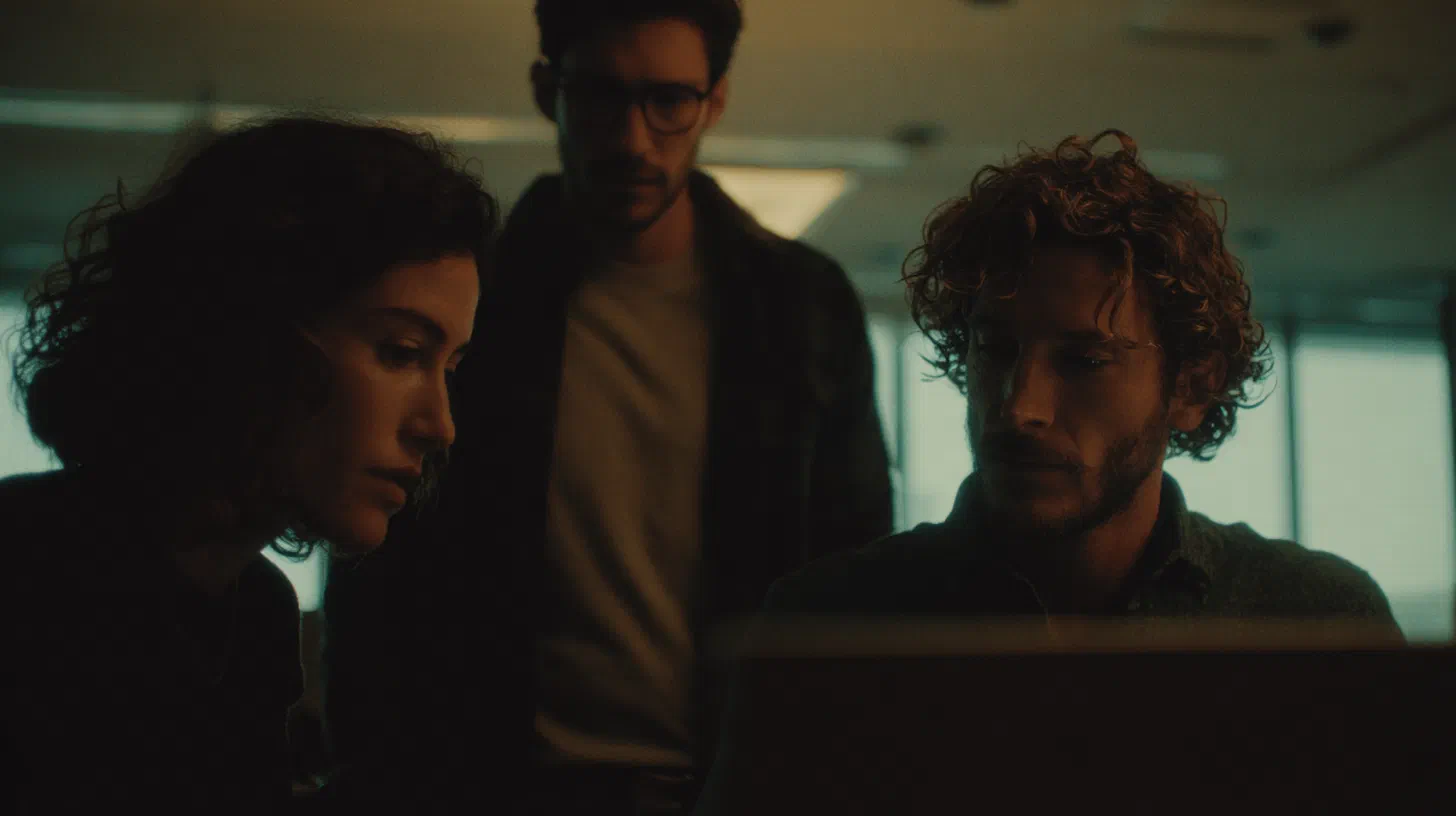 Three people looking at a laptop together, in black and white