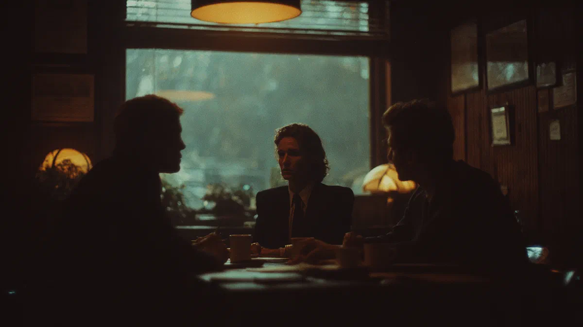 People talking at a table by a window, in black and white