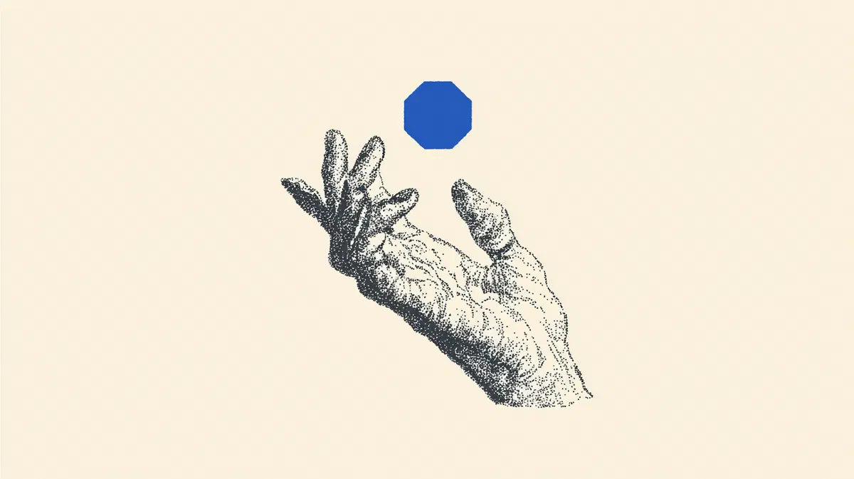 Bridddge artwork: an engraved hand reaching for a blue octagon