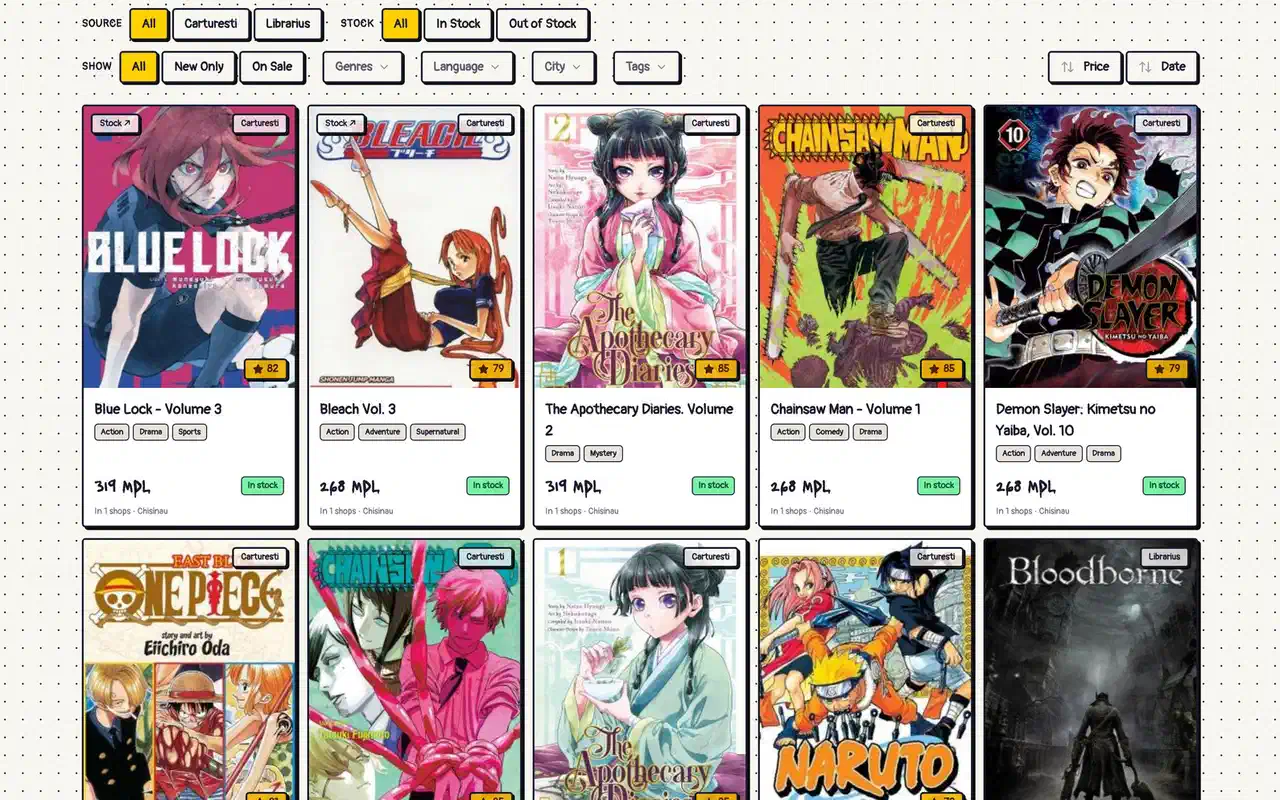 Hiki's catalog: filters for source store and stock above manga volumes with their prices in MDL and stock