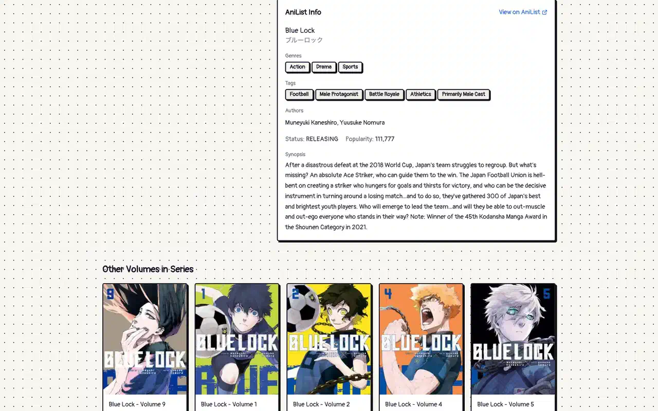 Hiki's AniList panel for Blue Lock: genres, tags, authors, status, popularity and synopsis