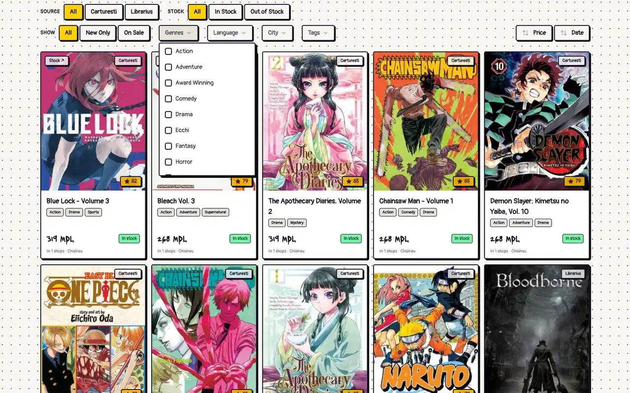 Hiki's catalog with the Genres filter open: Action, Adventure, Award Winning, Comedy, Drama and more