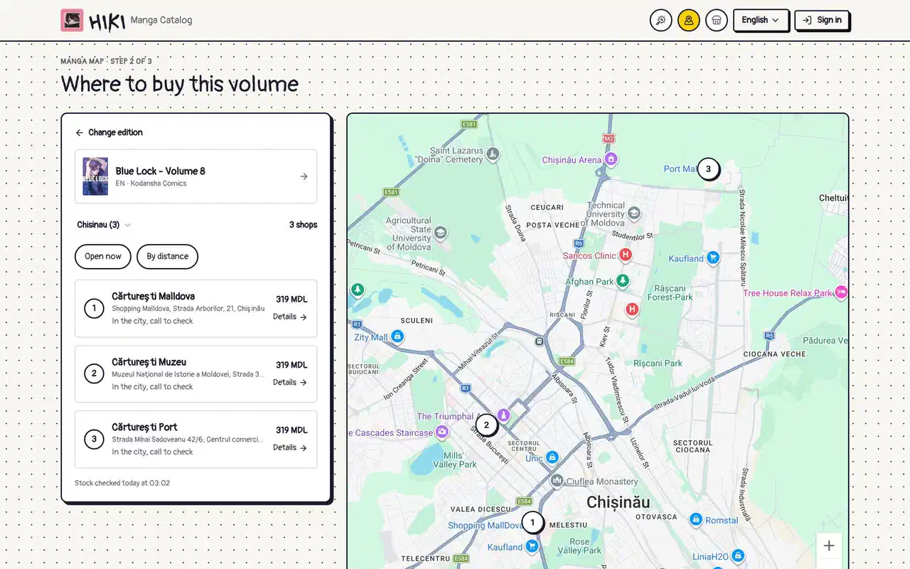 Hiki's store map: three Cărturești shops in Chișinău that stock Blue Lock volume 8, with prices, next to the map with their pins