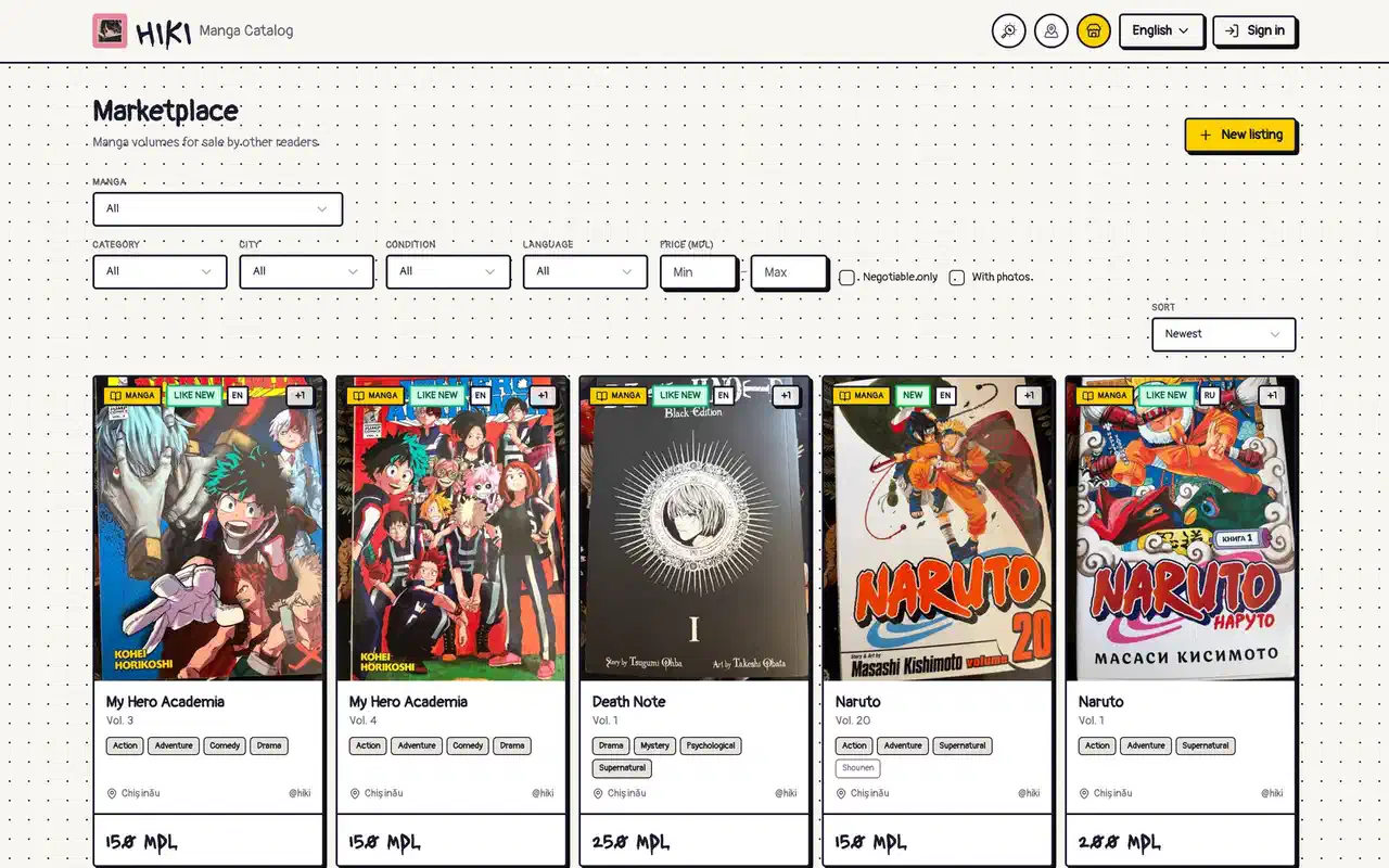 Hiki's marketplace: filters for manga, category, city, condition, language and price above second-hand listings