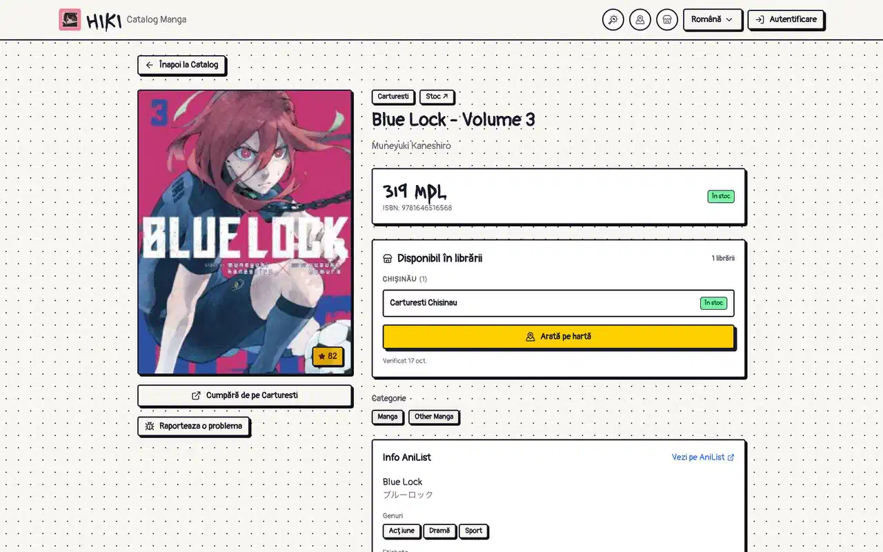 A Hiki product page in Romanian: Blue Lock volume 3 with its price and the Cărturești shop that stocks it
